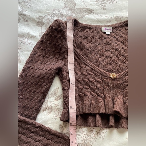 LPA Soren Chocolate Brown Cropped Cable Knit Sweater Ruffle Trim Small Coquette - Picture 10 of 10
